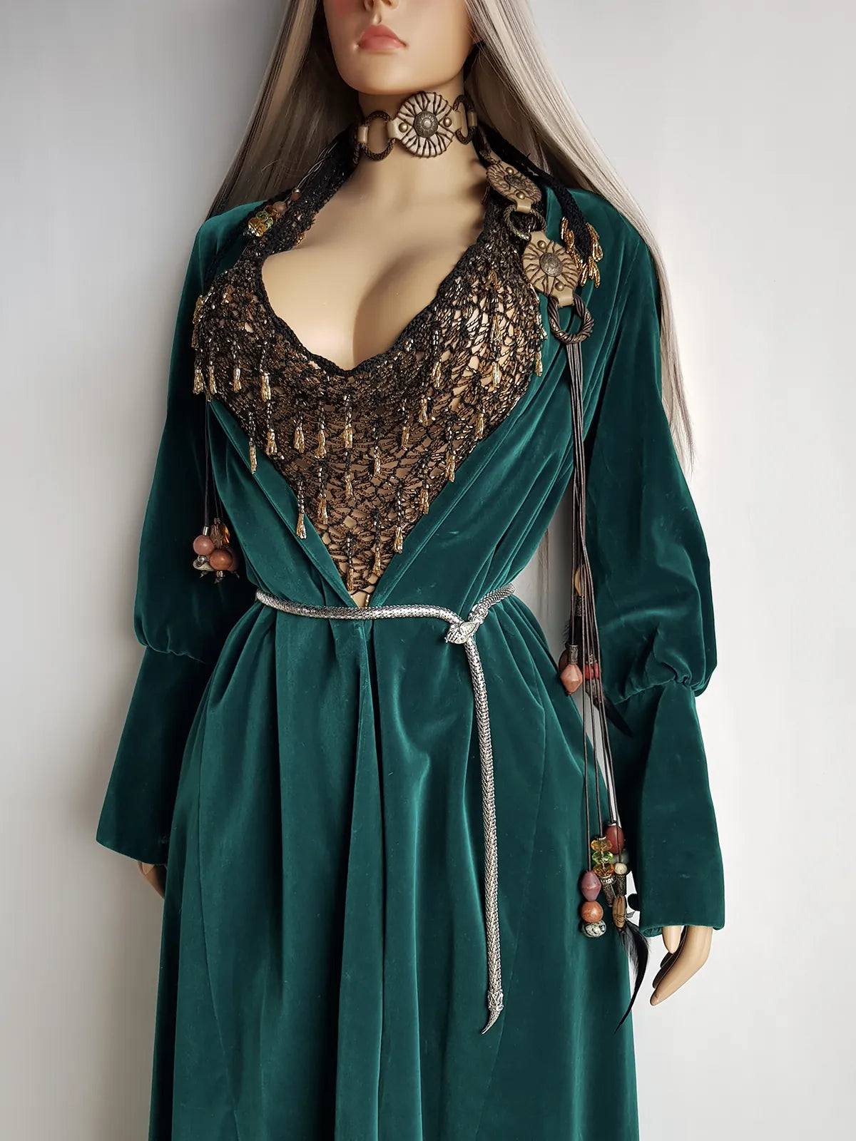 Unbelievable 1920s Peacock Green Bridal Quality Velvet Floor Length Opera Coat - Romantic Sleeves - Ornate Pearl Buckle & Bow - Unworn Condition