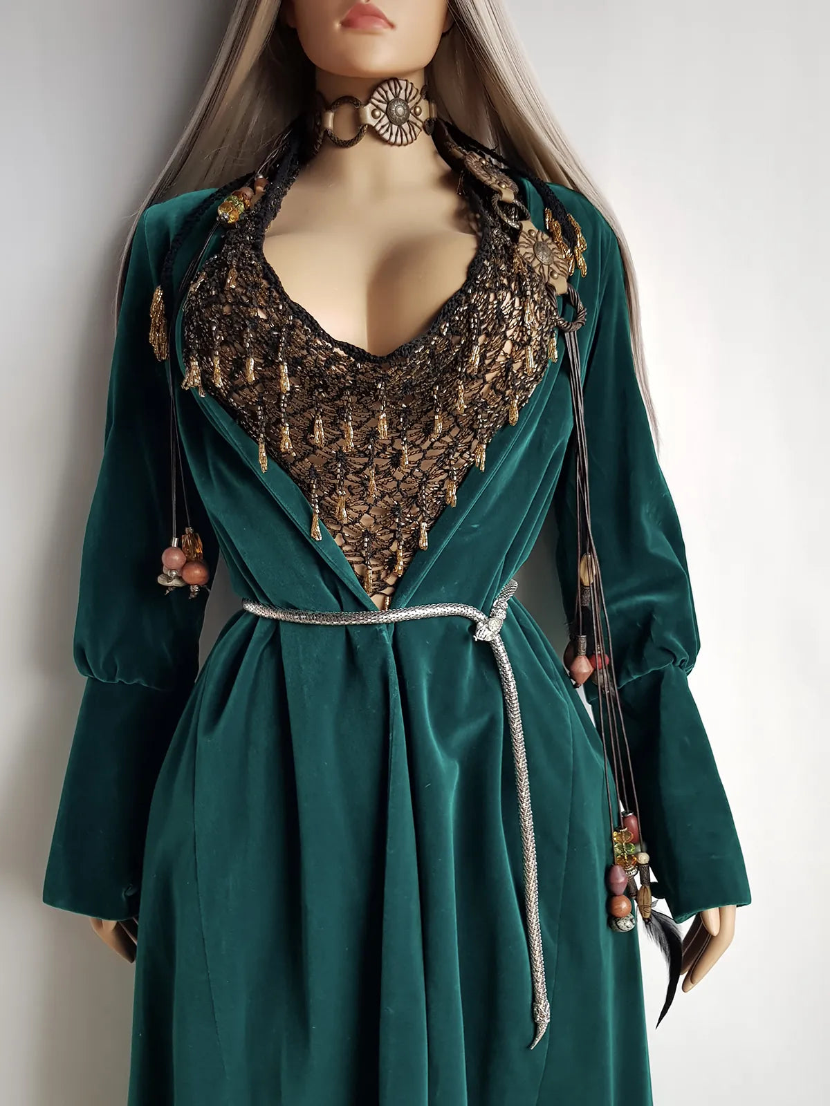 Unbelievable 1920s Peacock Green Bridal Quality Velvet Floor Length Opera Coat - Romantic Sleeves - Ornate Pearl Buckle & Bow - Unworn Condition