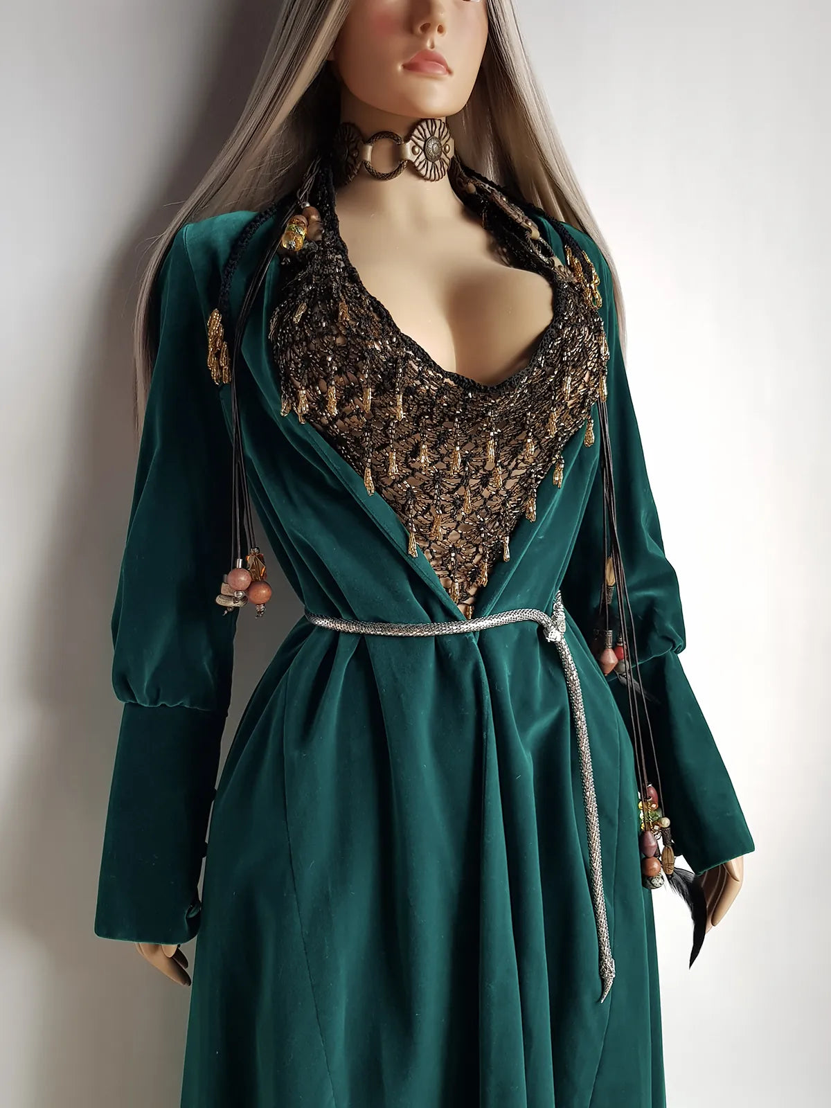 Unbelievable 1920s Peacock Green Bridal Quality Velvet Floor Length Opera Coat - Romantic Sleeves - Ornate Pearl Buckle & Bow - Unworn Condition