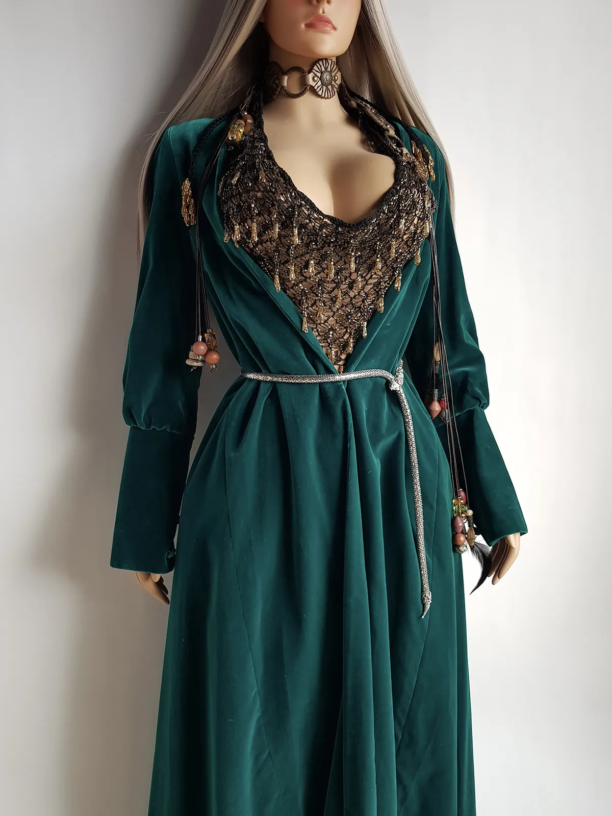 Unbelievable 1920s Peacock Green Bridal Quality Velvet Floor Length Opera Coat - Romantic Sleeves - Ornate Pearl Buckle & Bow - Unworn Condition