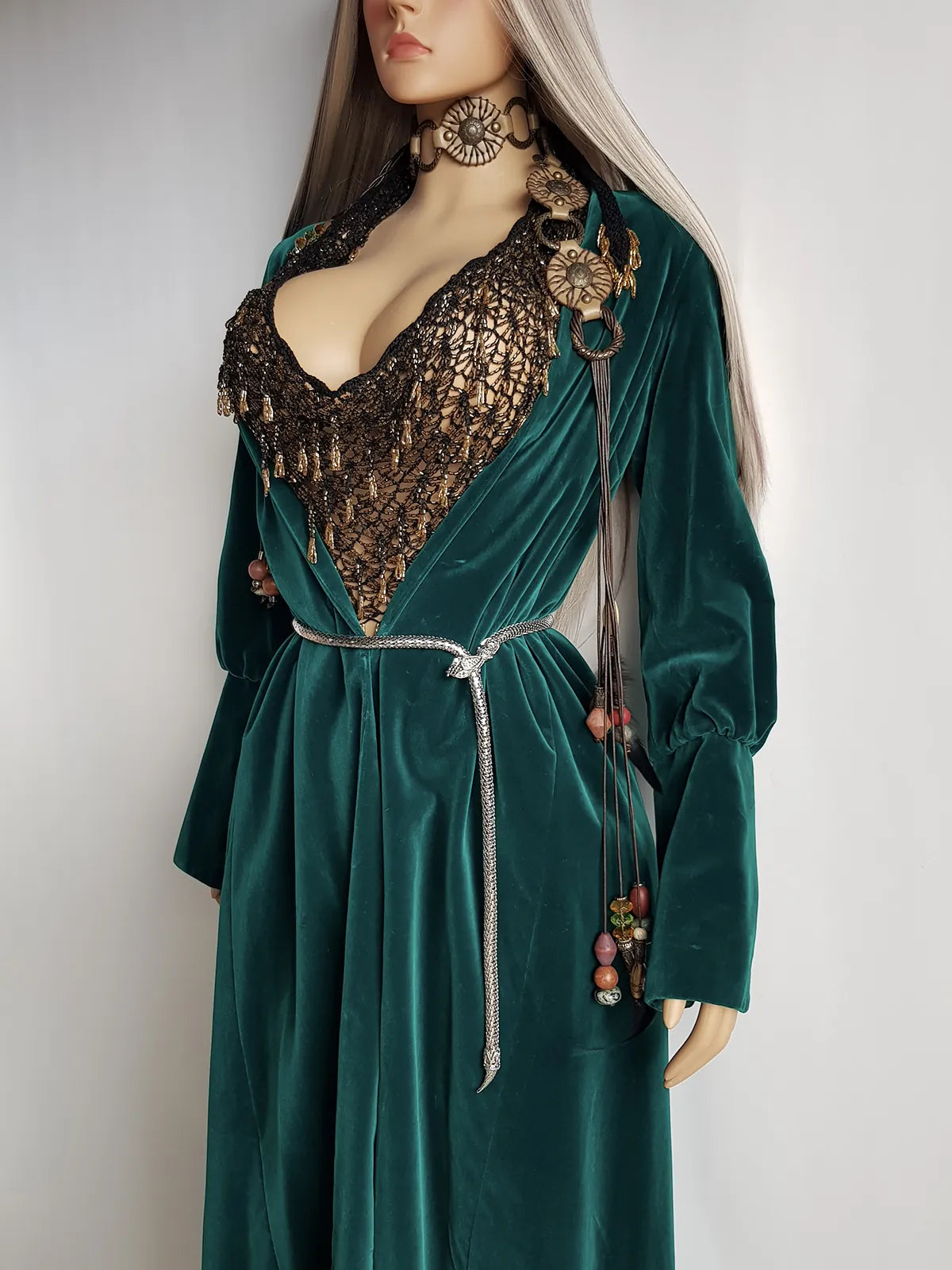 Unbelievable 1920s Peacock Green Bridal Quality Velvet Floor Length Opera Coat - Romantic Sleeves - Ornate Pearl Buckle & Bow - Unworn Condition