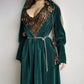 Unbelievable 1920s Peacock Green Bridal Quality Velvet Floor Length Opera Coat - Romantic Sleeves - Ornate Pearl Buckle & Bow - Unworn Condition