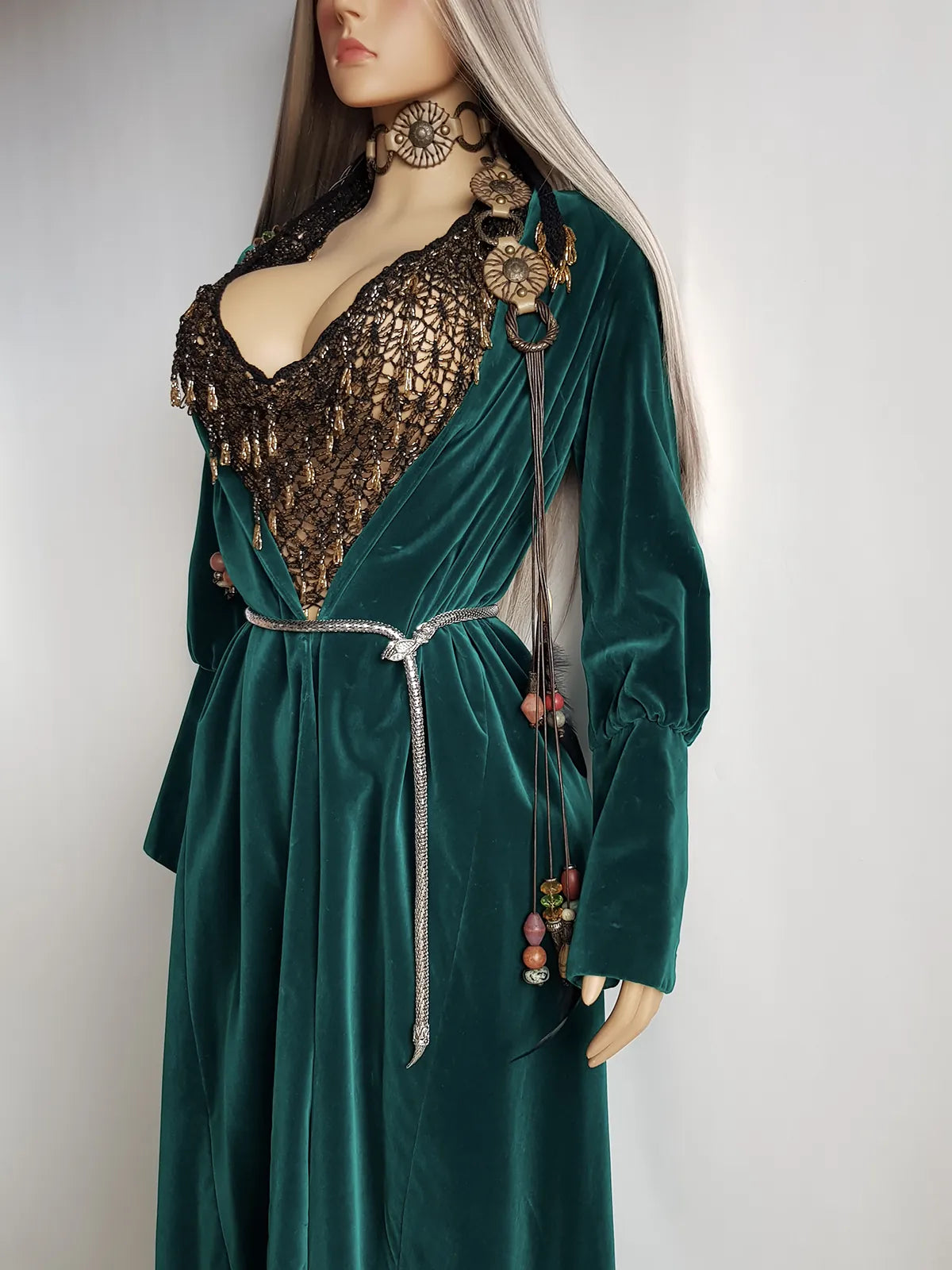 Unbelievable 1920s Peacock Green Bridal Quality Velvet Floor Length Opera Coat - Romantic Sleeves - Ornate Pearl Buckle & Bow - Unworn Condition