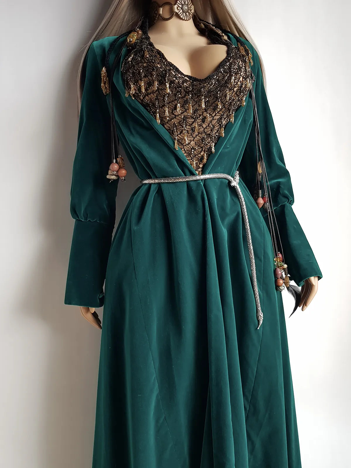 Unbelievable 1920s Peacock Green Bridal Quality Velvet Floor Length Opera Coat - Romantic Sleeves - Ornate Pearl Buckle & Bow - Unworn Condition