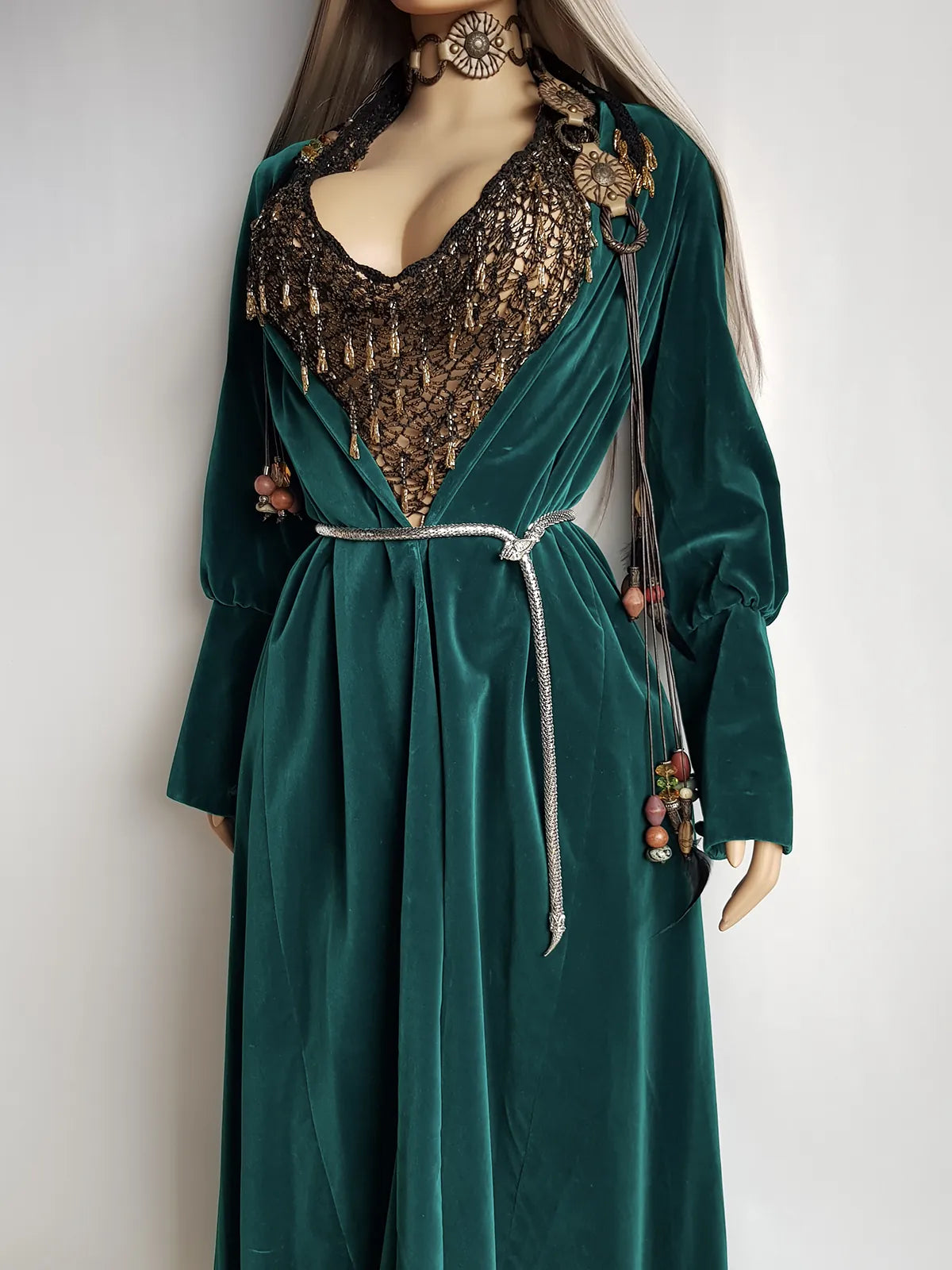 Unbelievable 1920s Peacock Green Bridal Quality Velvet Floor Length Opera Coat - Romantic Sleeves - Ornate Pearl Buckle & Bow - Unworn Condition