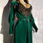 Unbelievable 1920s Peacock Green Bridal Quality Velvet Floor Length Opera Coat - Romantic Sleeves - Ornate Pearl Buckle & Bow - Unworn Condition