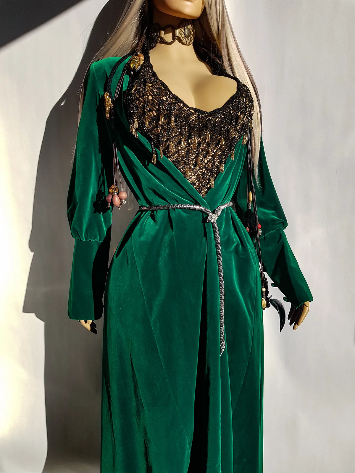 Unbelievable 1920s Peacock Green Bridal Quality Velvet Floor Length Opera Coat - Romantic Sleeves - Ornate Pearl Buckle & Bow - Unworn Condition