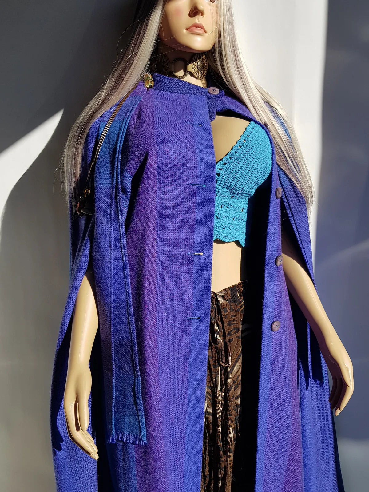 Vintage Really Special - 100% Irish New Wool Cape / Coat in Blue & Purple Tones - Full Length - Insanely High Quality and Immaculate Tailoring