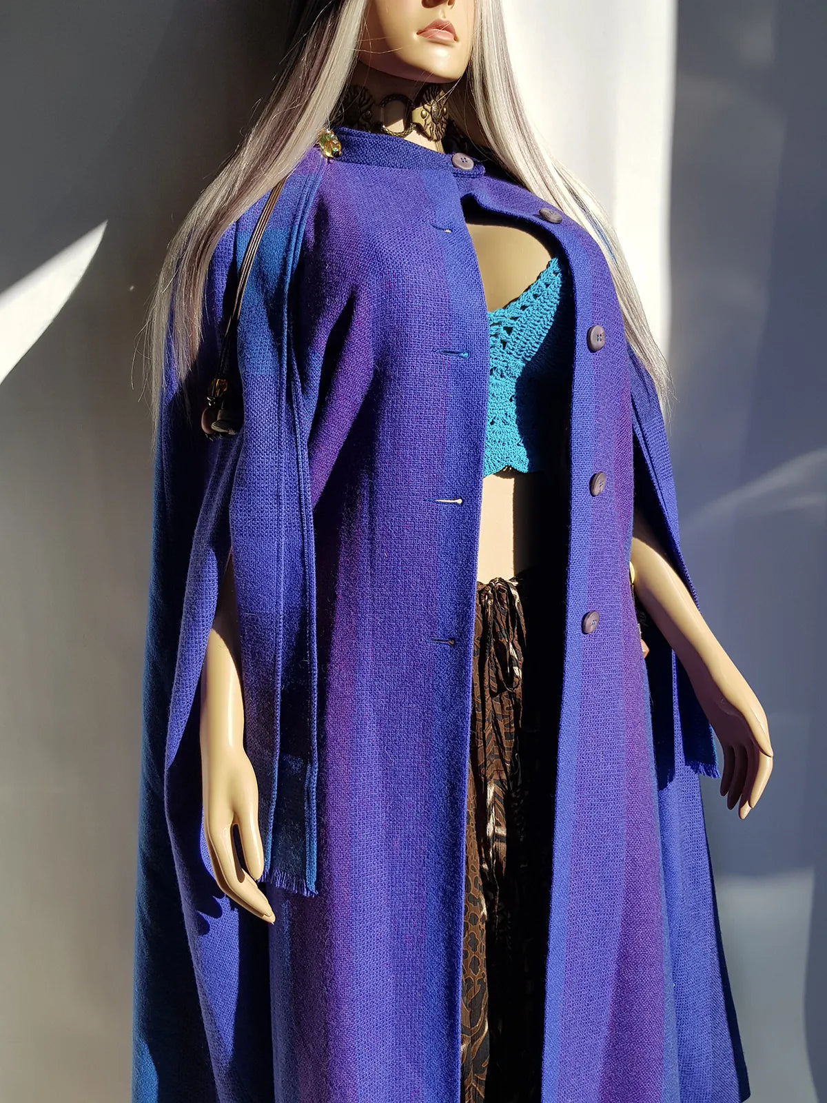 Vintage Really Special - 100% Irish New Wool Cape / Coat in Blue & Purple Tones - Full Length - Insanely High Quality and Immaculate Tailoring