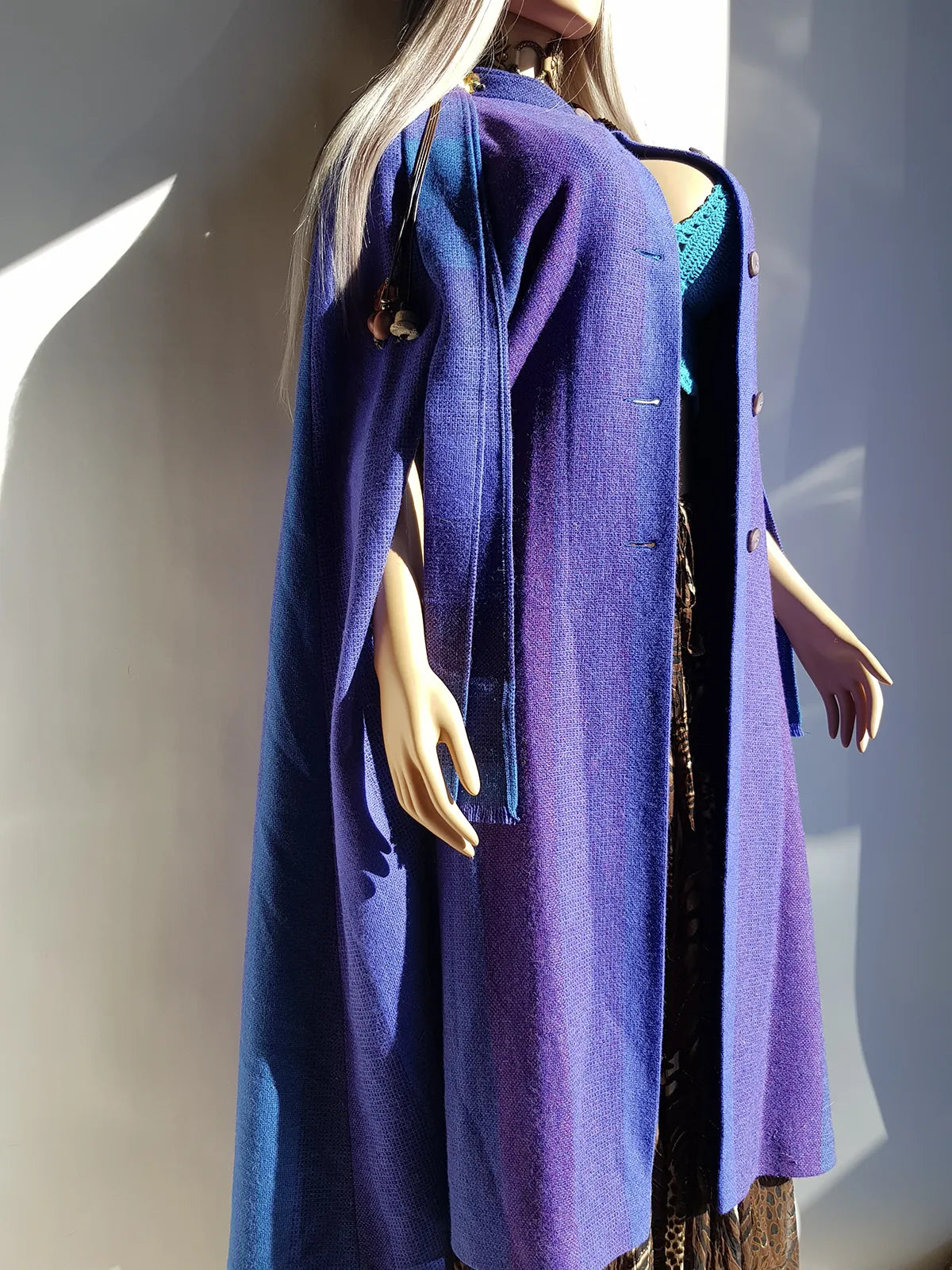 Vintage Really Special - 100% Irish New Wool Cape / Coat in Blue & Purple Tones - Full Length - Insanely High Quality and Immaculate Tailoring