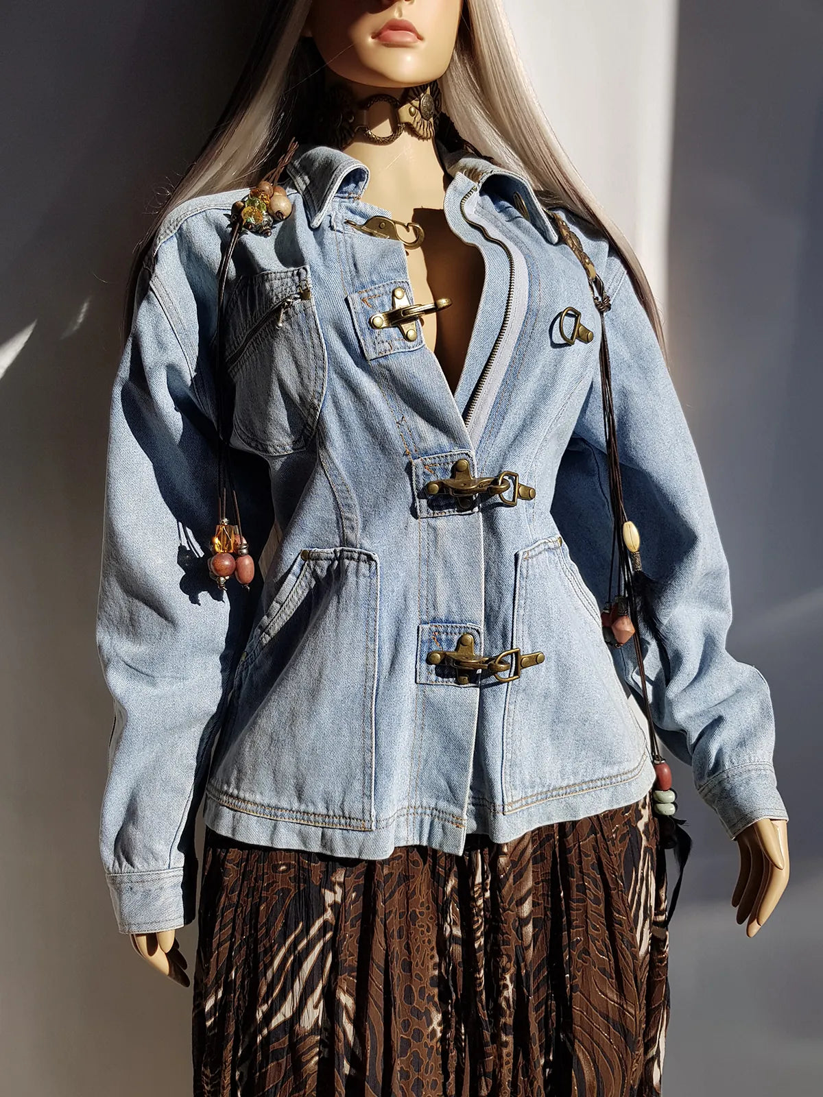 Perfect Vintage Denim Jacket in Light Blue with Insane Chunky Antique Metal Feature Hooks on the Front