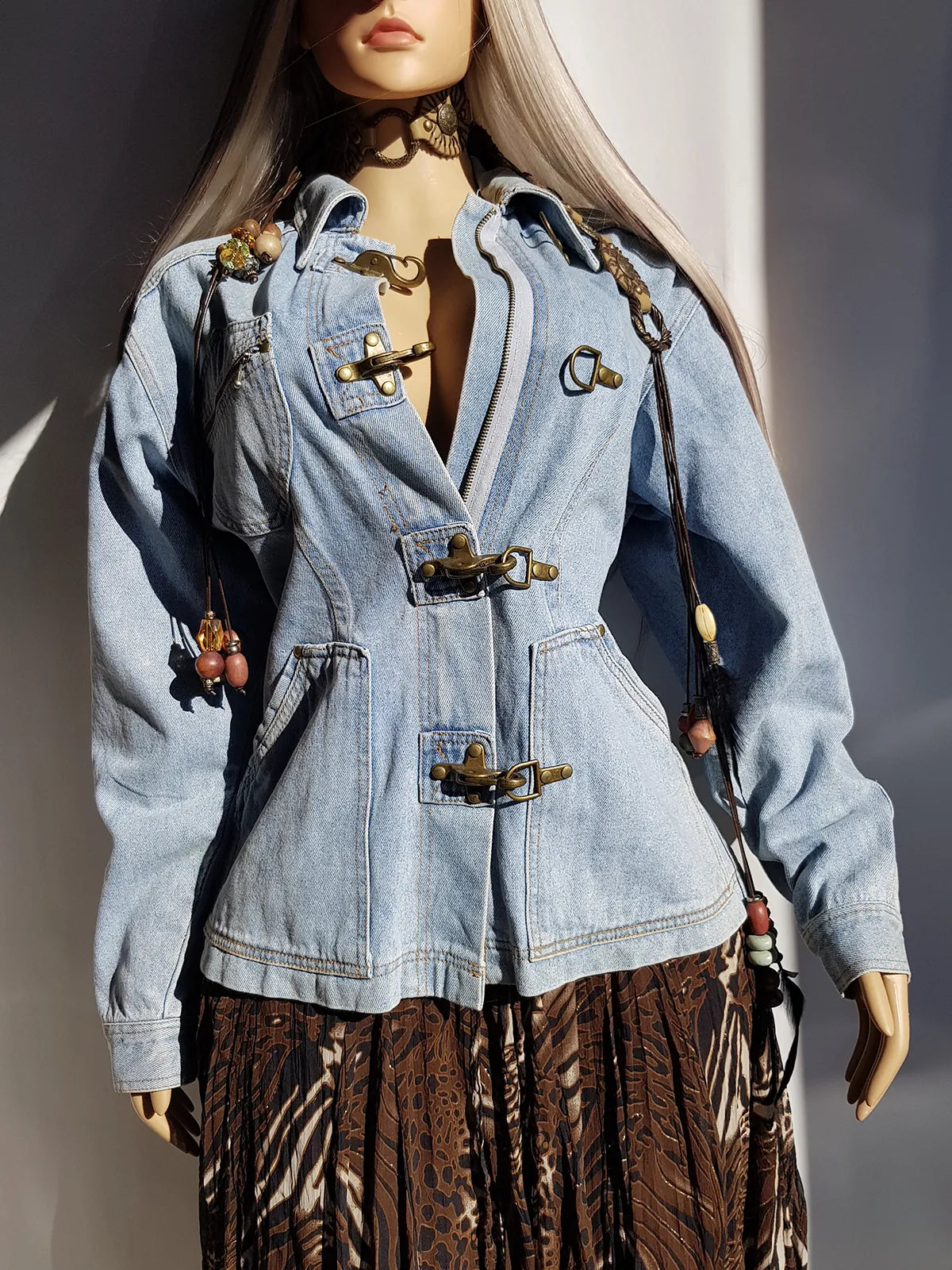 Perfect Vintage Denim Jacket in Light Blue with Insane Chunky Antique Metal Feature Hooks on the Front