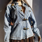 Perfect Vintage Denim Jacket in Light Blue with Insane Chunky Antique Metal Feature Hooks on the Front