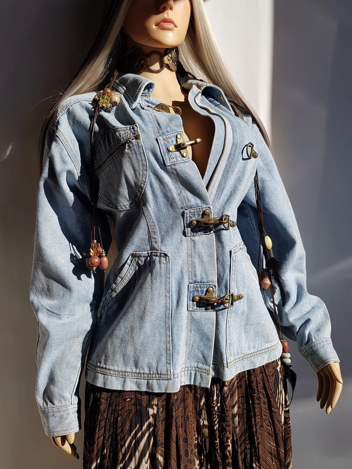 Perfect Vintage Denim Jacket in Light Blue with Insane Chunky Antique Metal Feature Hooks on the Front