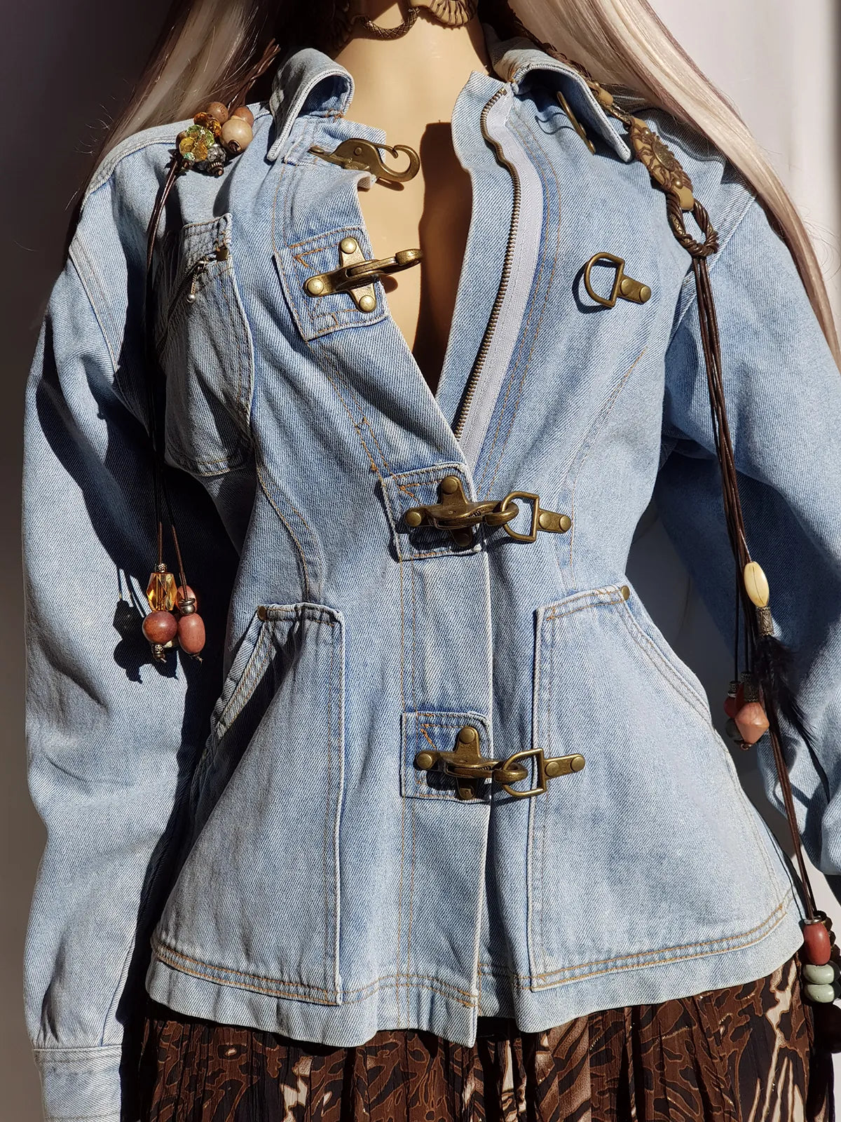 Perfect Vintage Denim Jacket in Light Blue with Insane Chunky Antique Metal Feature Hooks on the Front