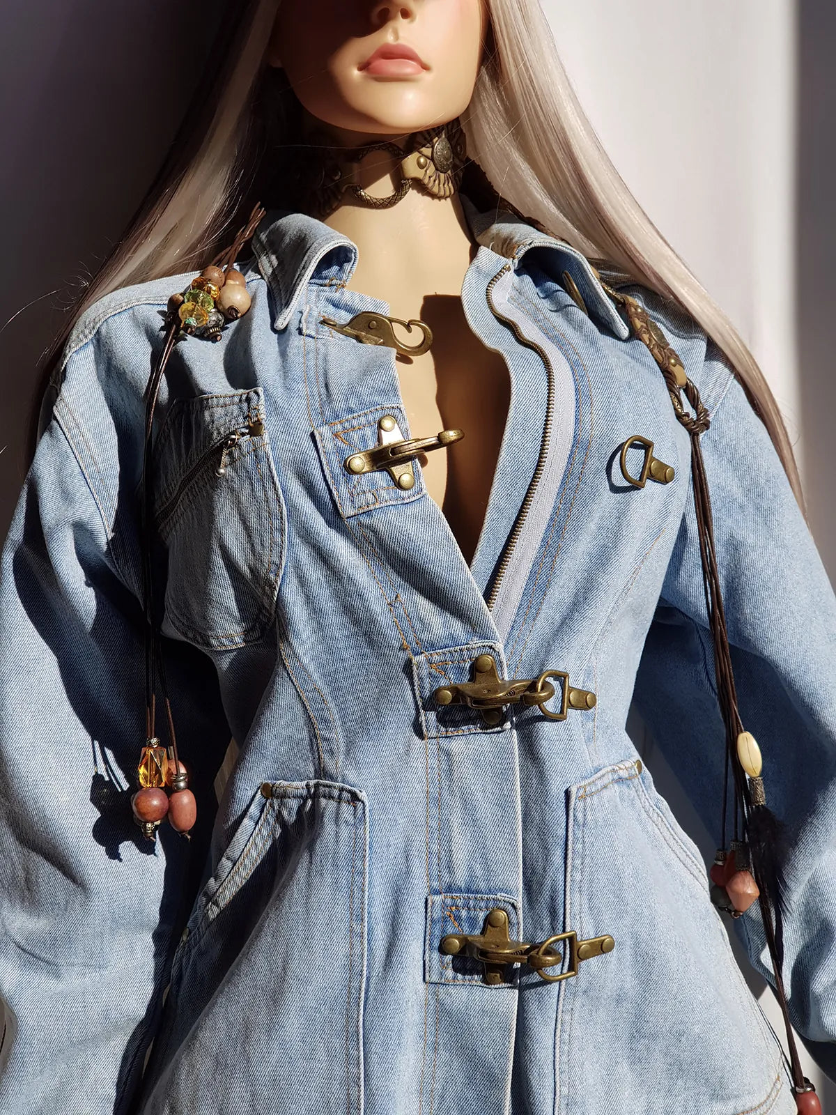 Perfect Vintage Denim Jacket in Light Blue with Insane Chunky Antique Metal Feature Hooks on the Front