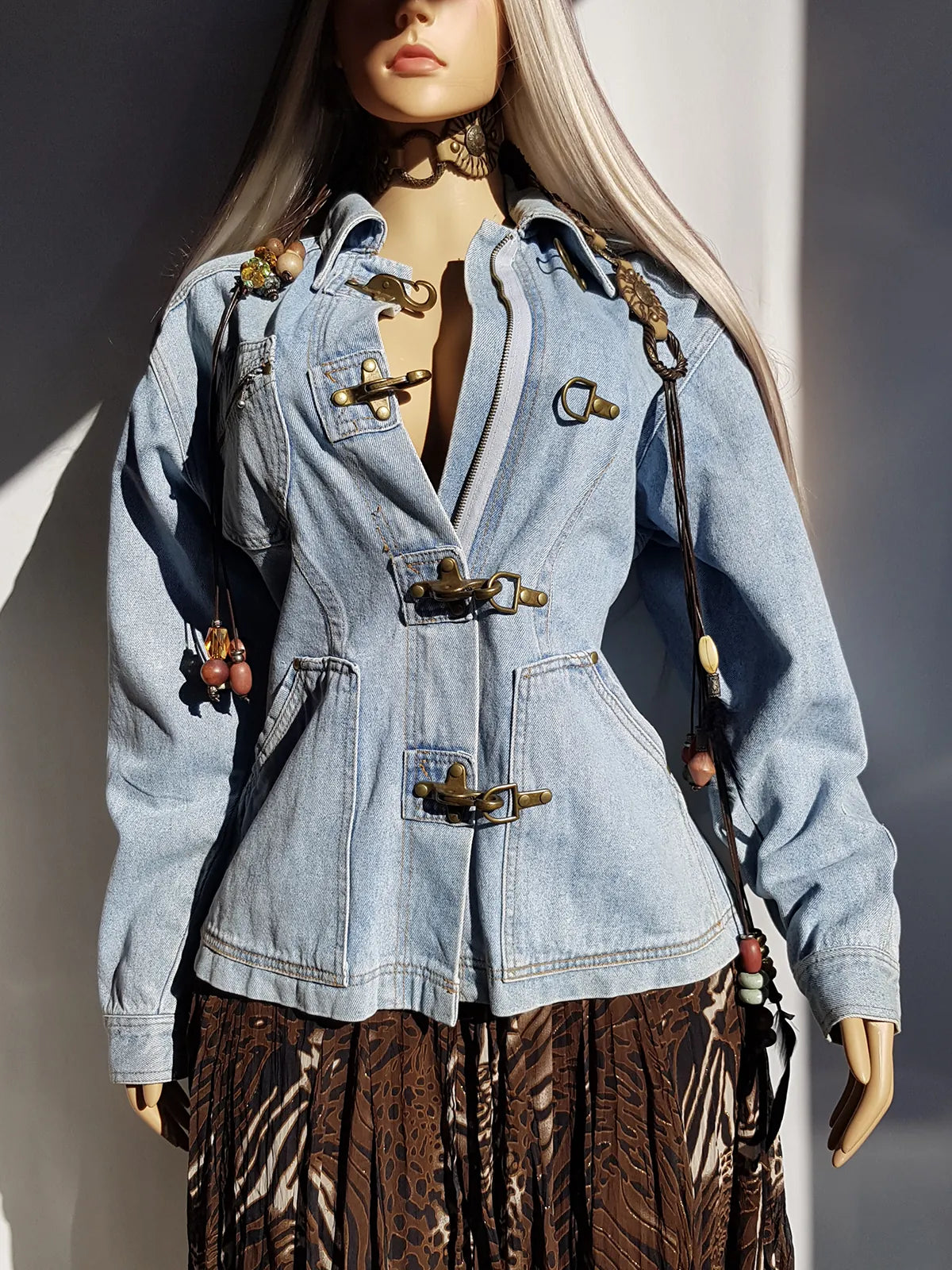 Perfect Vintage Denim Jacket in Light Blue with Insane Chunky Antique Metal Feature Hooks on the Front