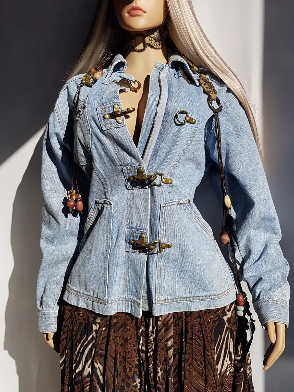 Perfect Vintage Denim Jacket in Light Blue with Insane Chunky Antique Metal Feature Hooks on the Front