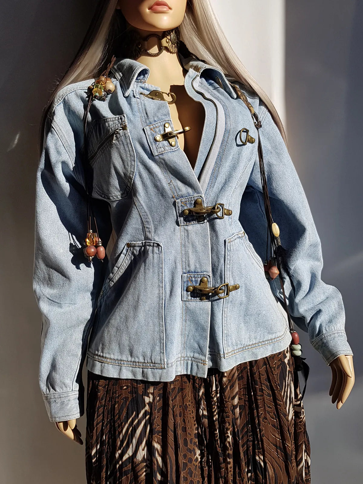 Perfect Vintage Denim Jacket in Light Blue with Insane Chunky Antique Metal Feature Hooks on the Front