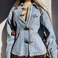 Perfect Vintage Denim Jacket in Light Blue with Insane Chunky Antique Metal Feature Hooks on the Front