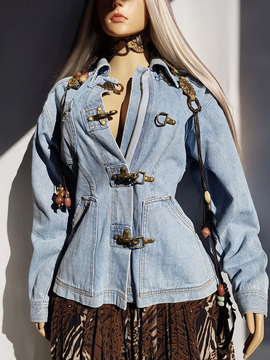 Perfect Vintage Denim Jacket in Light Blue with Insane Chunky Antique Metal Feature Hooks on the Front