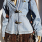 Perfect Vintage Denim Jacket in Light Blue with Insane Chunky Antique Metal Feature Hooks on the Front