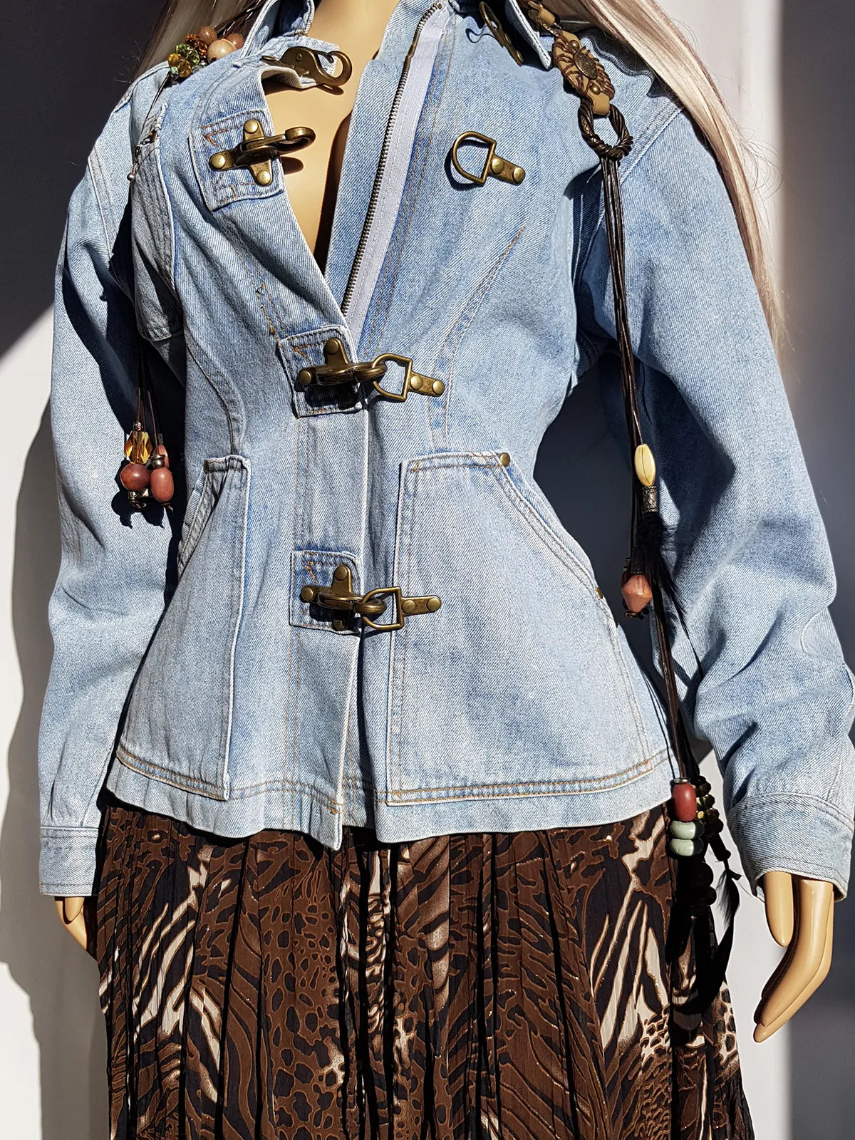 Perfect Vintage Denim Jacket in Light Blue with Insane Chunky Antique Metal Feature Hooks on the Front