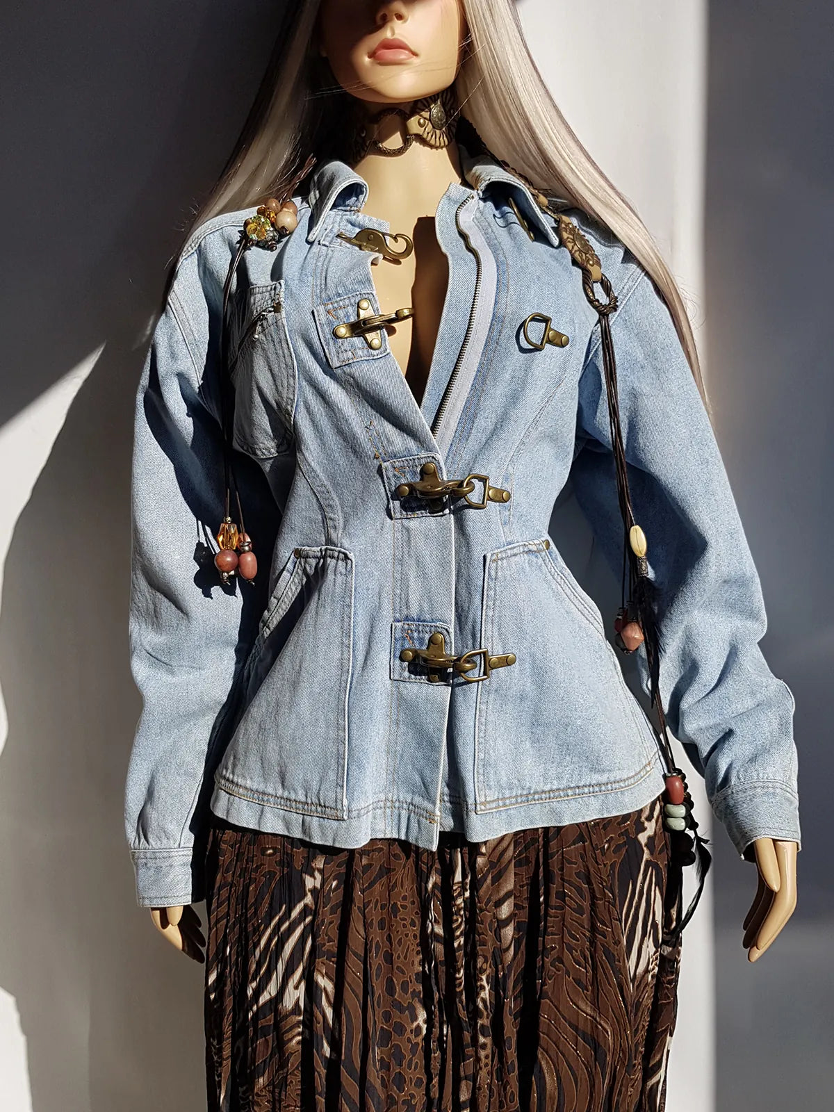 Perfect Vintage Denim Jacket in Light Blue with Insane Chunky Antique Metal Feature Hooks on the Front