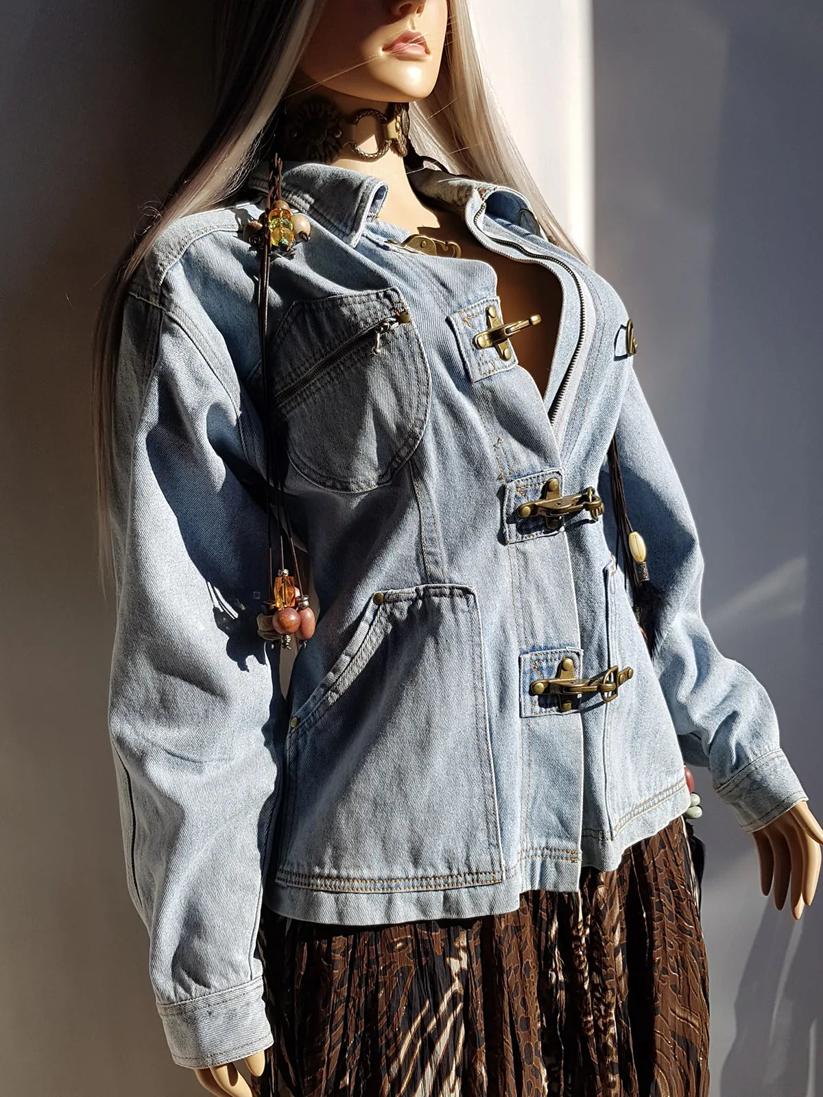 Perfect Vintage Denim Jacket in Light Blue with Insane Chunky Antique Metal Feature Hooks on the Front