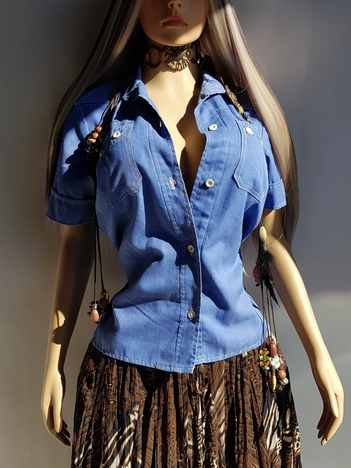 1970s Faded & Aged Vintage Uniform Style Denim Shirt - Perfectly Faded Light Blue - Tailored for a sleek fit