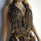 Insane 1970s Handmade Crochet Beaded Party Top / Skirt / Wrap - Tie at neck - Studio 54 - Black Crochet & Gold Beading