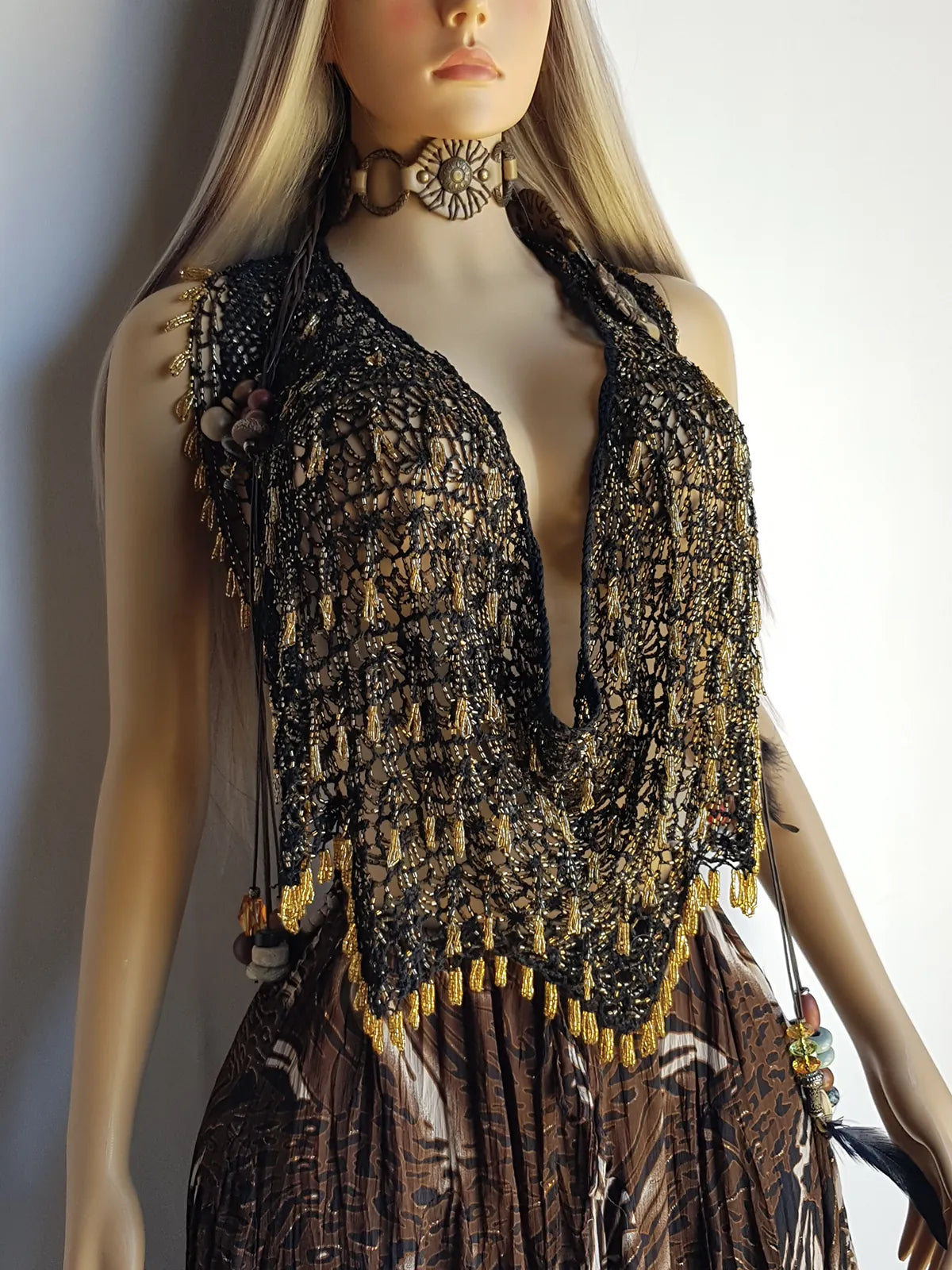 Insane 1970s Handmade Crochet Beaded Party Top / Skirt / Wrap - Tie at neck - Studio 54 - Black Crochet & Gold Beading