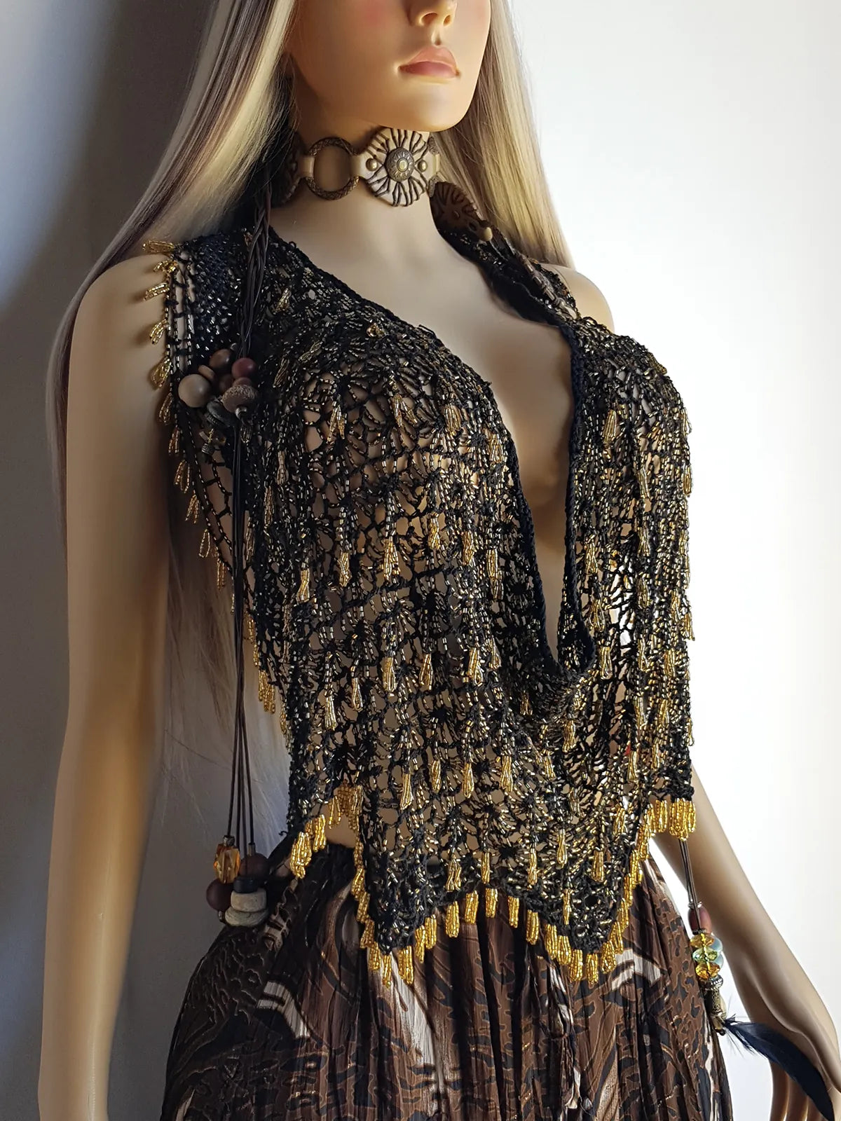 Insane 1970s Handmade Crochet Beaded Party Top / Skirt / Wrap - Tie at neck - Studio 54 - Black Crochet & Gold Beading