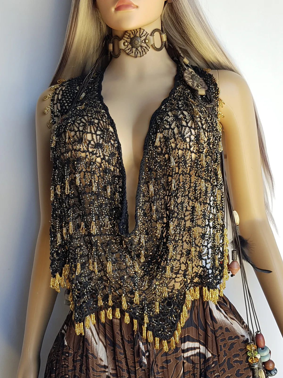 Insane 1970s Handmade Crochet Beaded Party Top / Skirt / Wrap - Tie at neck - Studio 54 - Black Crochet & Gold Beading