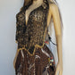 Insane 1970s Handmade Crochet Beaded Party Top / Skirt / Wrap - Tie at neck - Studio 54 - Black Crochet & Gold Beading