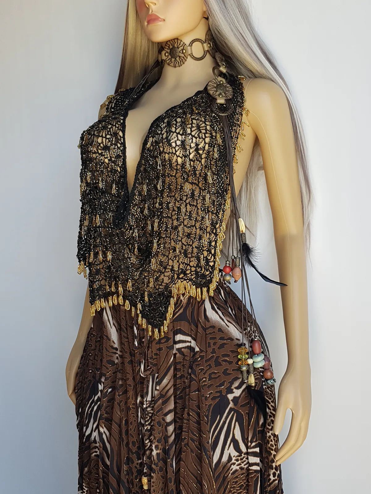 Insane 1970s Handmade Crochet Beaded Party Top / Skirt / Wrap - Tie at neck - Studio 54 - Black Crochet & Gold Beading