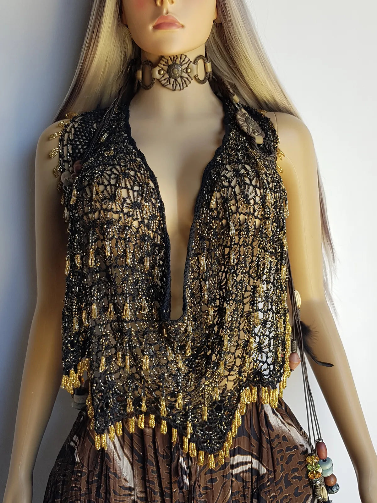 Insane 1970s Handmade Crochet Beaded Party Top / Skirt / Wrap - Tie at neck - Studio 54 - Black Crochet & Gold Beading