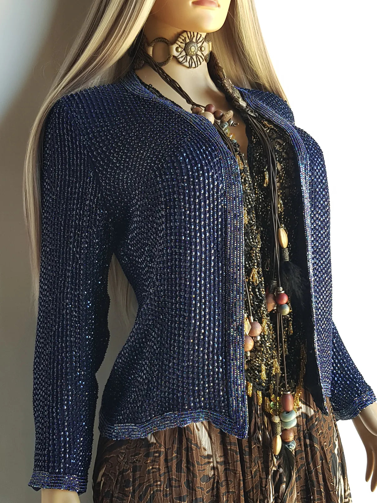 1990s Vintage Silk & Sparkly Handmade Evening -  Iridescent Blue Bead & Sequins Jacket