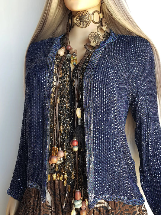 1990s Vintage Silk & Sparkly Handmade Evening -  Iridescent Blue Bead & Sequins Jacket