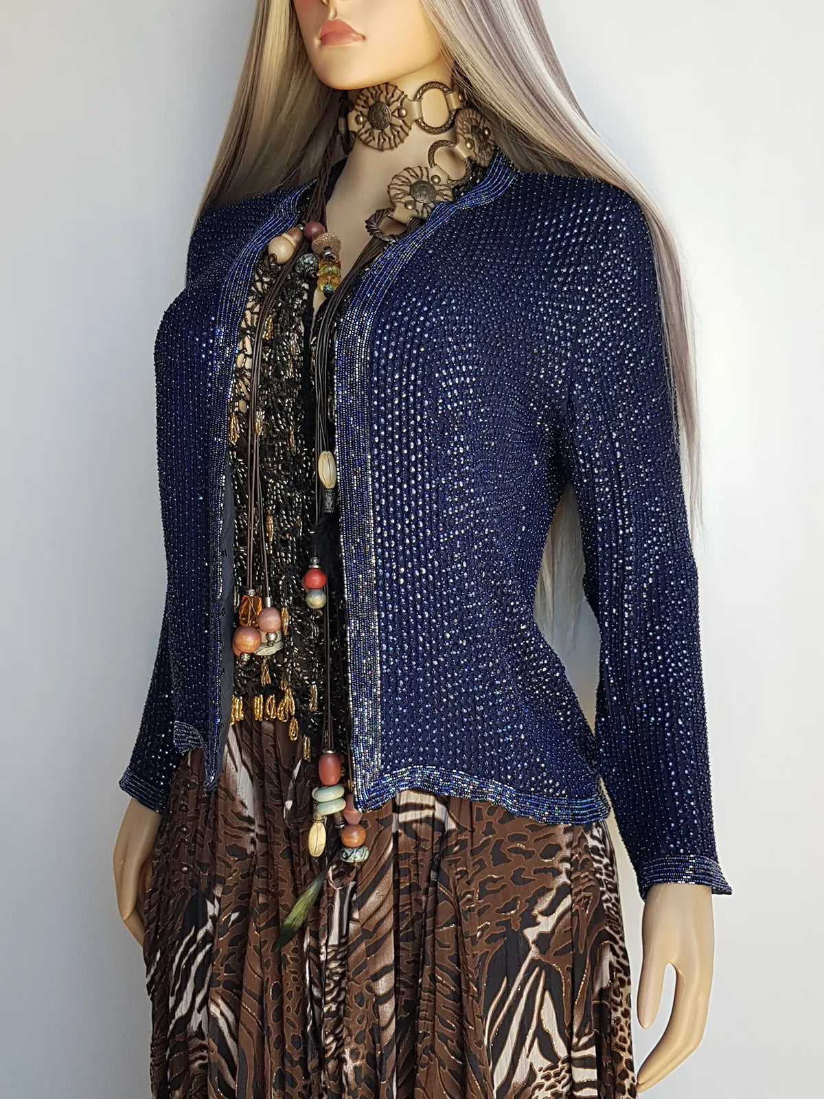 1990s Vintage Silk & Sparkly Handmade Evening -  Iridescent Blue Bead & Sequins Jacket