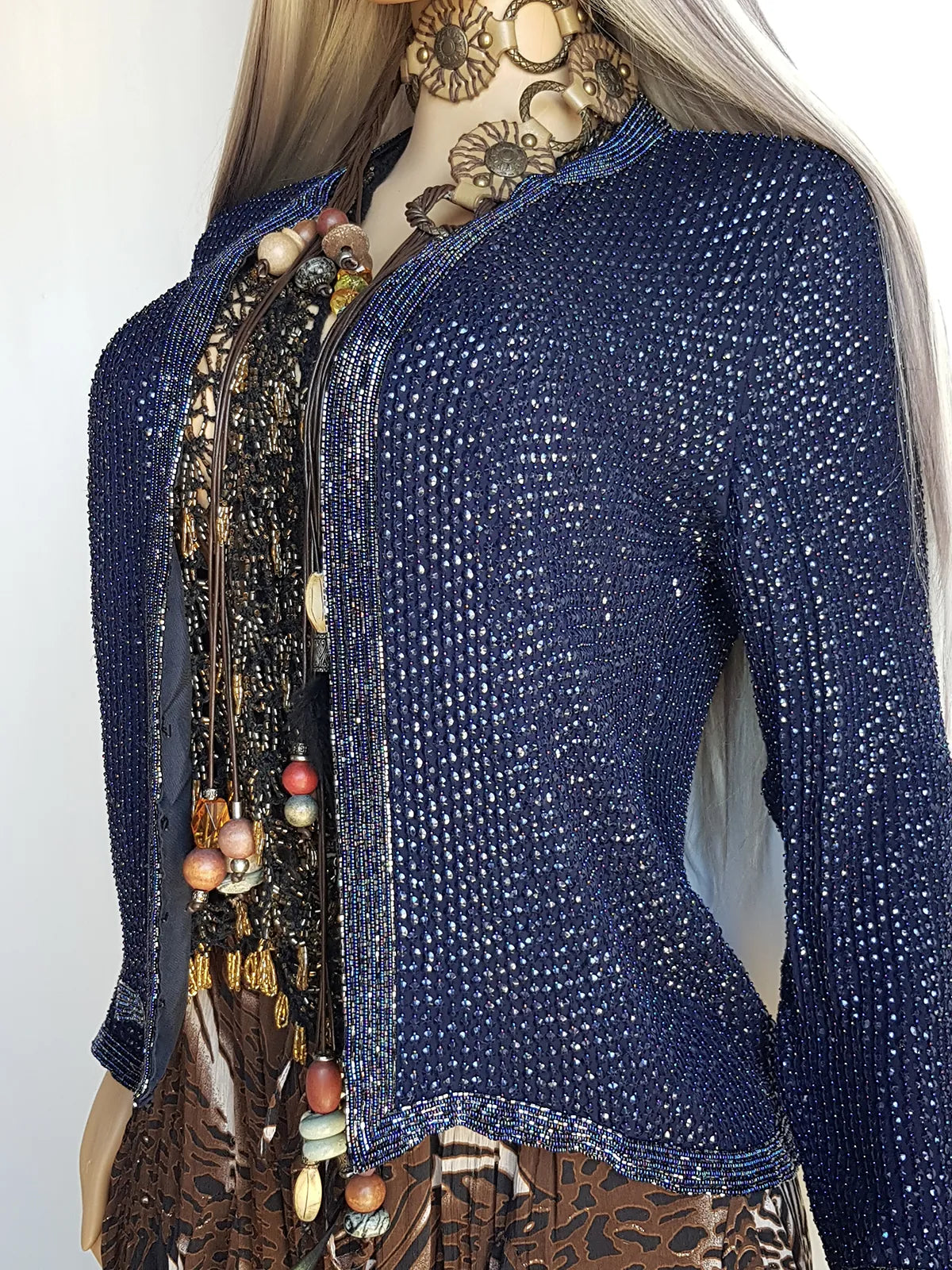 1990s Vintage Silk & Sparkly Handmade Evening -  Iridescent Blue Bead & Sequins Jacket