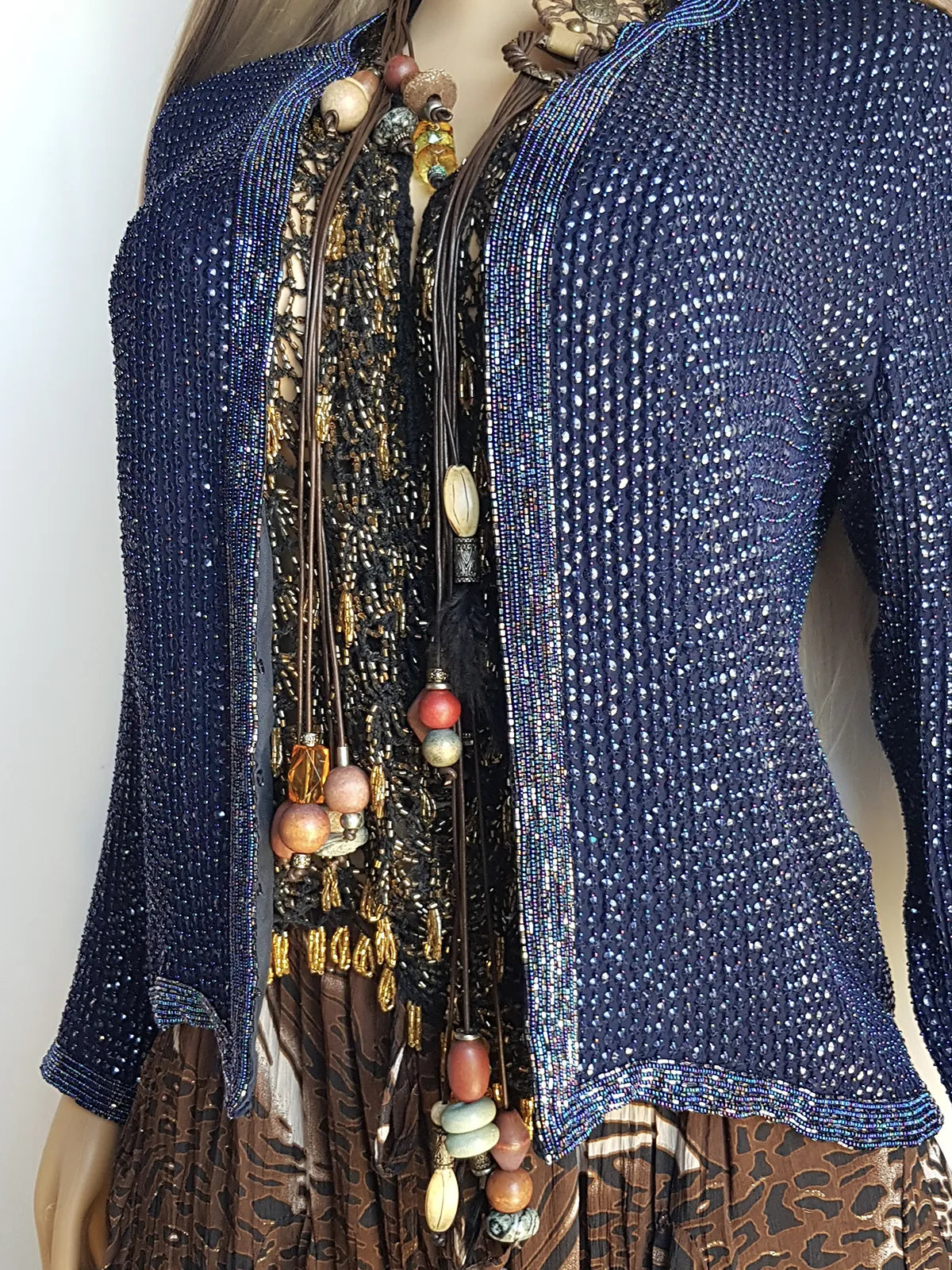 1990s Vintage Silk & Sparkly Handmade Evening -  Iridescent Blue Bead & Sequins Jacket