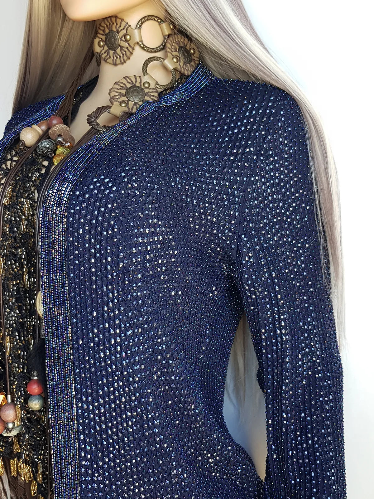 1990s Vintage Silk & Sparkly Handmade Evening -  Iridescent Blue Bead & Sequins Jacket