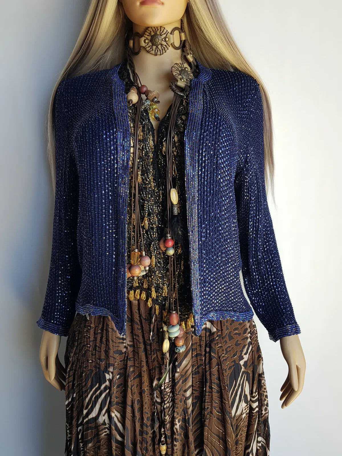 1990s Vintage Silk & Sparkly Handmade Evening -  Iridescent Blue Bead & Sequins Jacket