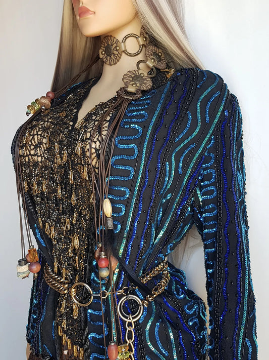 1980s Vintage 100% Silk Hand Beaded - Iridescent Blue - Sparkly Evening Jacket