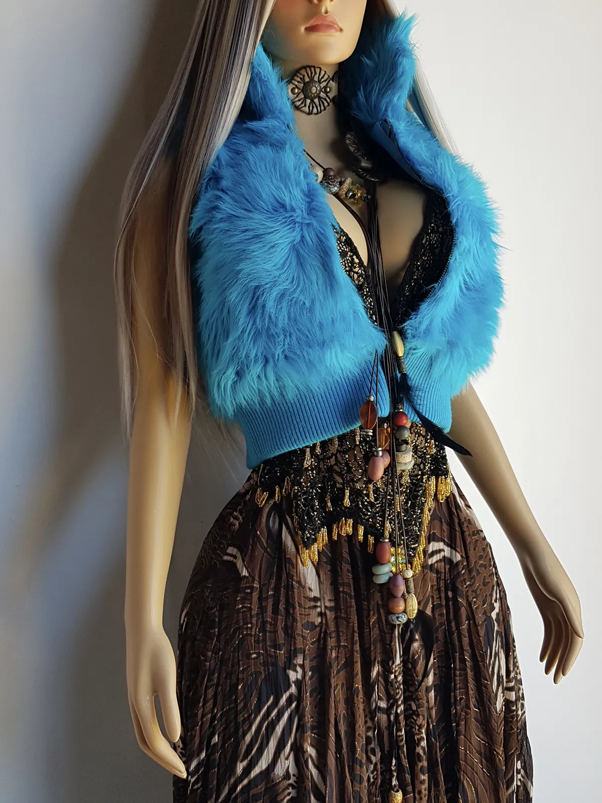 1990s Wild Fun Fur Vest in Electric Blue - Knit Detailing & Super Chunky Metal Zipper & Hardware