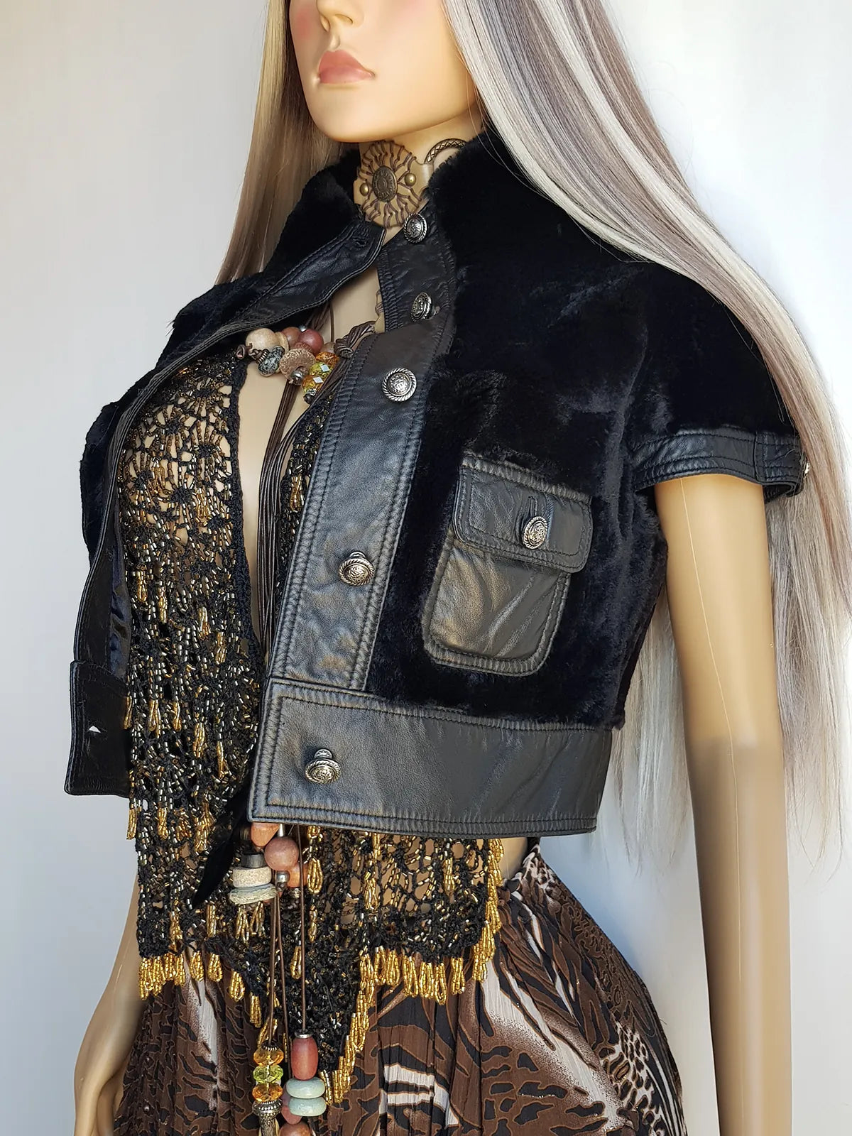 Italian Vintage Lambskin & Fur Crop Mini Jacket - Rich Inky Black - Silver Hardware