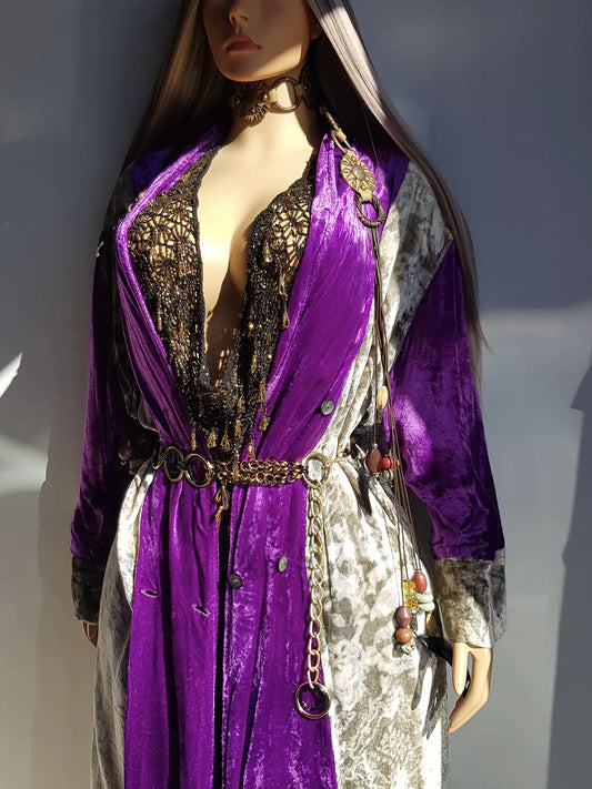 Insane 1970s Bohemian Full Length Mystical Velvet Coat - Two Tone Rich Vibrant Purple and Leopard Print Silver Velvet -  Wear Open or Closed With Buttons