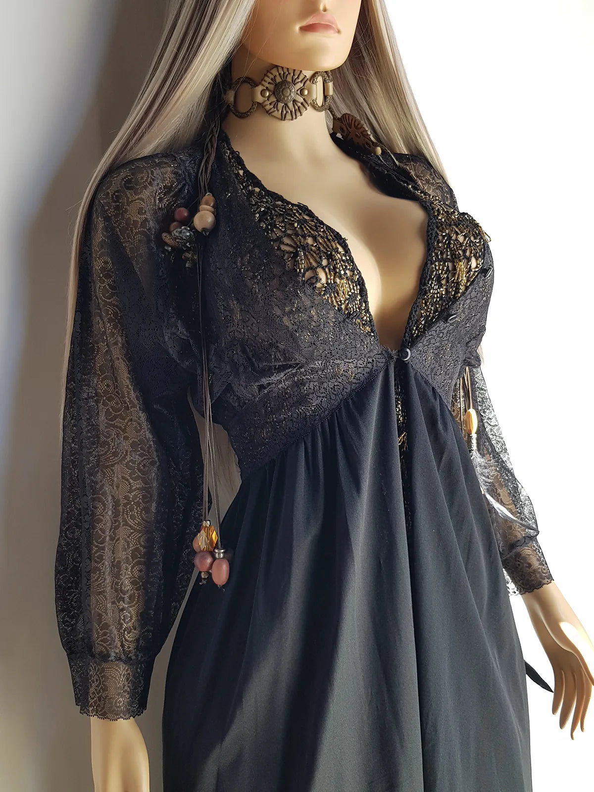 Gothic Romantic Robe / Duster Coat in Pitch Black Lace - Hourglass Shape with Button Under Bust - Lace Bodice and Sleeves - Full Length