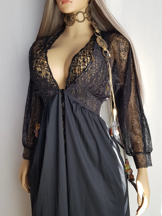 Gothic Romantic Robe / Duster Coat in Pitch Black Lace - Hourglass Shape with Button Under Bust - Lace Bodice and Sleeves - Full Length